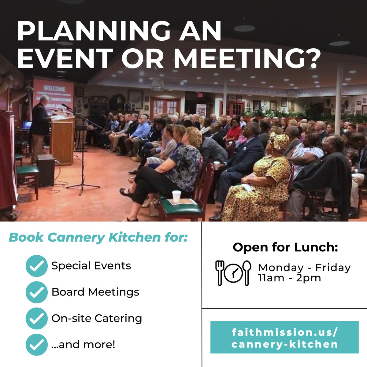 Did you know you can book the Cannery Kitchen for your upcoming meeting or event? 💻 To learn more or submit an inquiry regarding our meeting rooms and onsite catering for your next event, visit faithmission.us/cannery-kitchen!