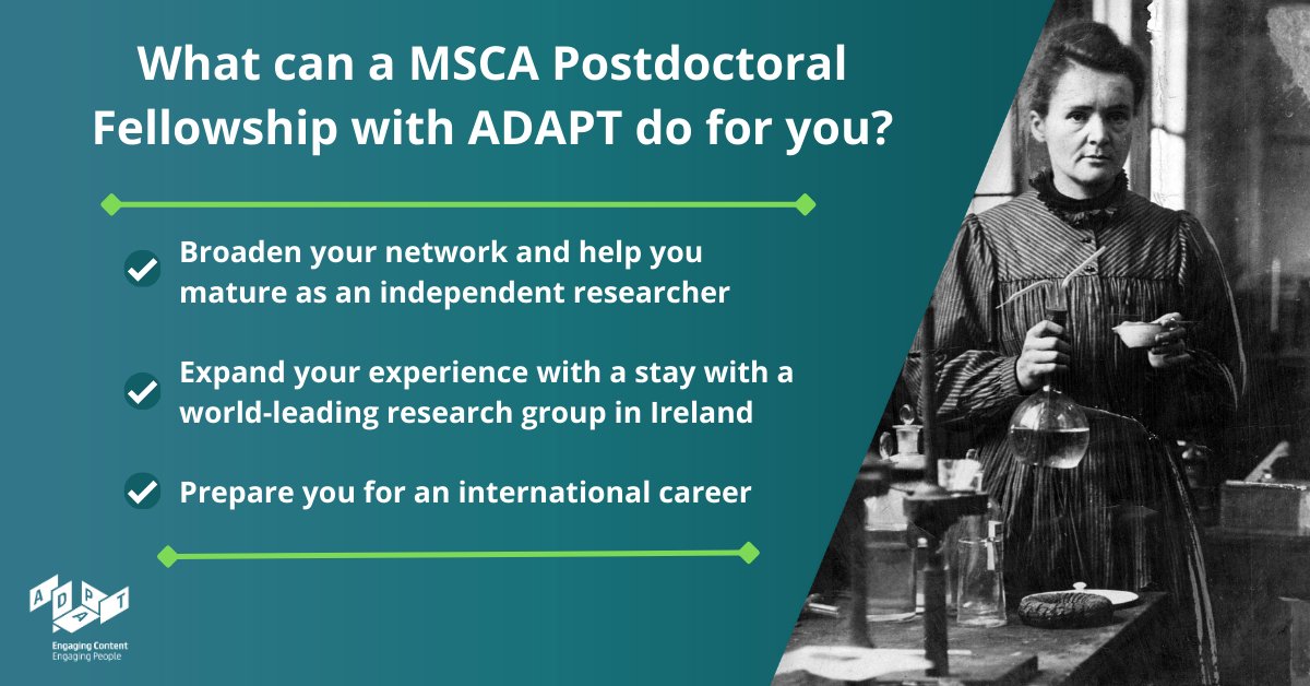 The ADAPT Centre is excited to invite expressions of interest for the competitive and career enhancing 2-year European Postdoctoral Fellowships (PF), a Horizon Europe Marie Skłodowska-Curie Action. Find out more: lnkd.in/eETjseQe #postdocjob, #technology, #research…