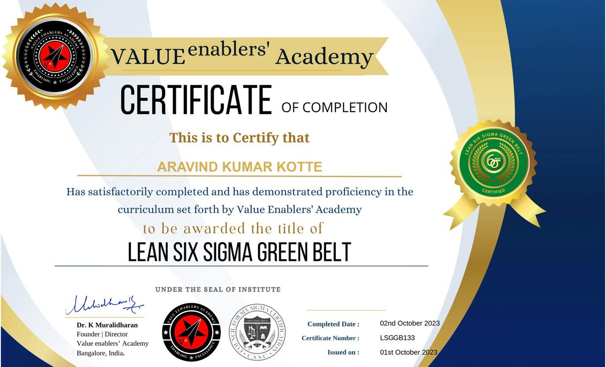 Just completed my Lean Six Sigma Green Belt certification! Excited to apply these skills to streamline processes and drive efficiency in all my projects. #LeanSixSigma #GreenBelt #Efficiency