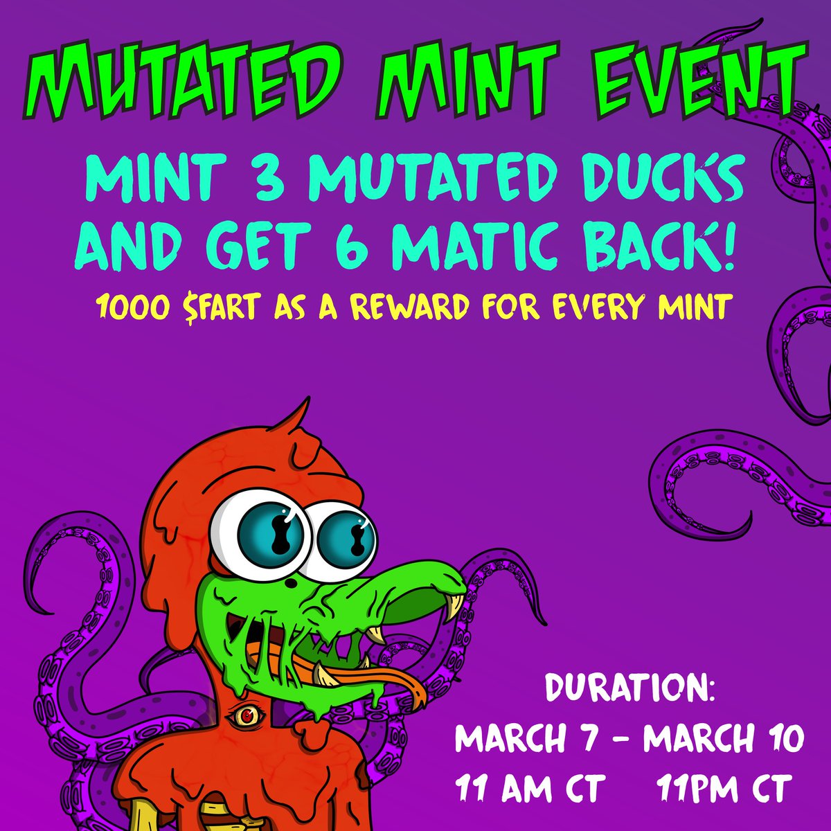 DuckSeasonNFT's tweet photo. ⚠️Our First Mint Event it's here!⚠️

Mint 3 Mutated Ducks and Claim 6 Matic Back, You must submit the evidence on our Discord! 

For each Minted You Will get 1000 $FART 💜🪙

Event Starts now and ends at 11pm of thisn Sunday (central time)

Mint here 👇
https://t.co/W5rU9rgPeu https://t.co/JpTIJFFRvr