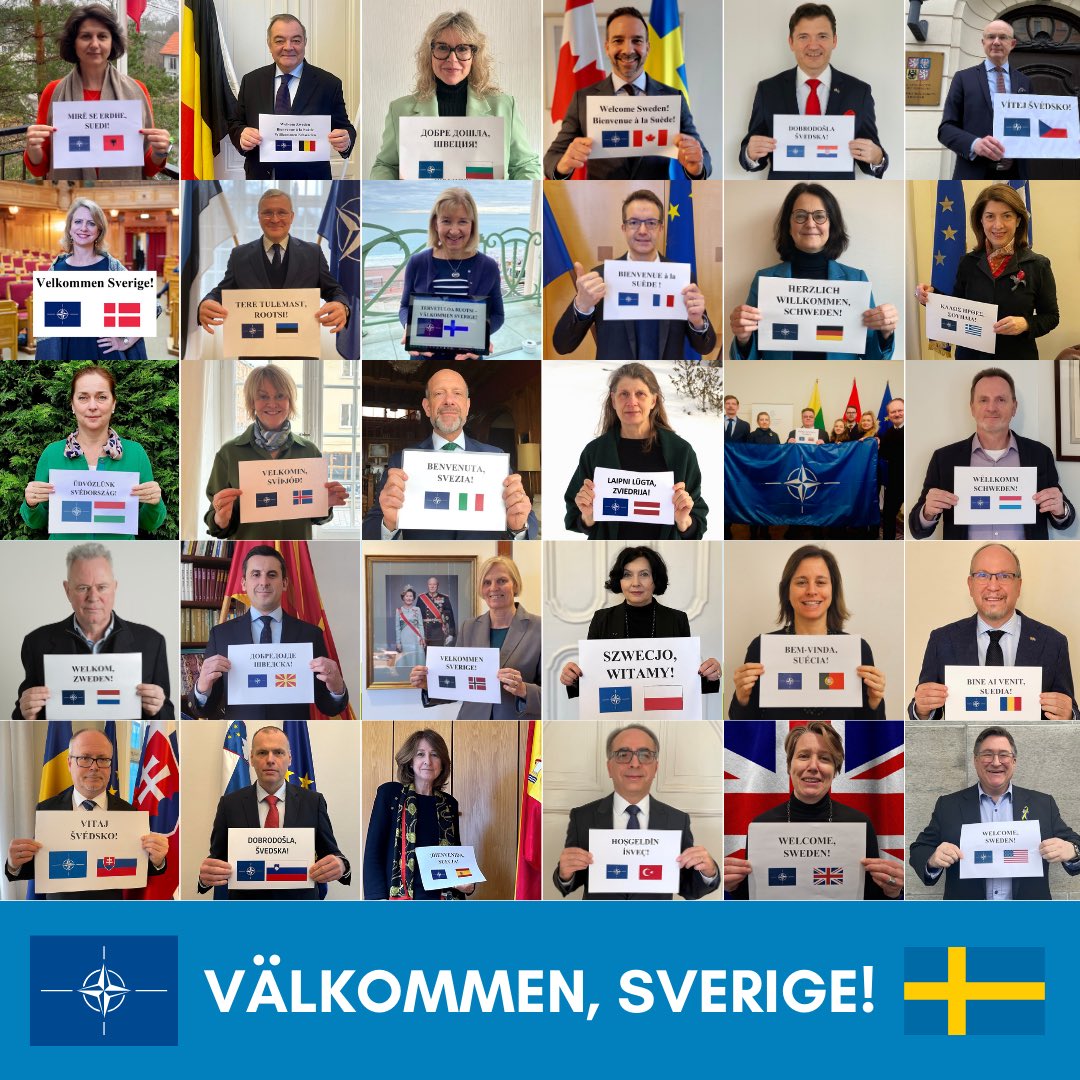 Welcome to @NATO, Sweden! 🇸🇪 - From all #NATO nation Ambassadors in Stockholm. Bienvenue à la Suède! Välkommen! #WeAreNATO #StrongerTogether @CanadaNATO