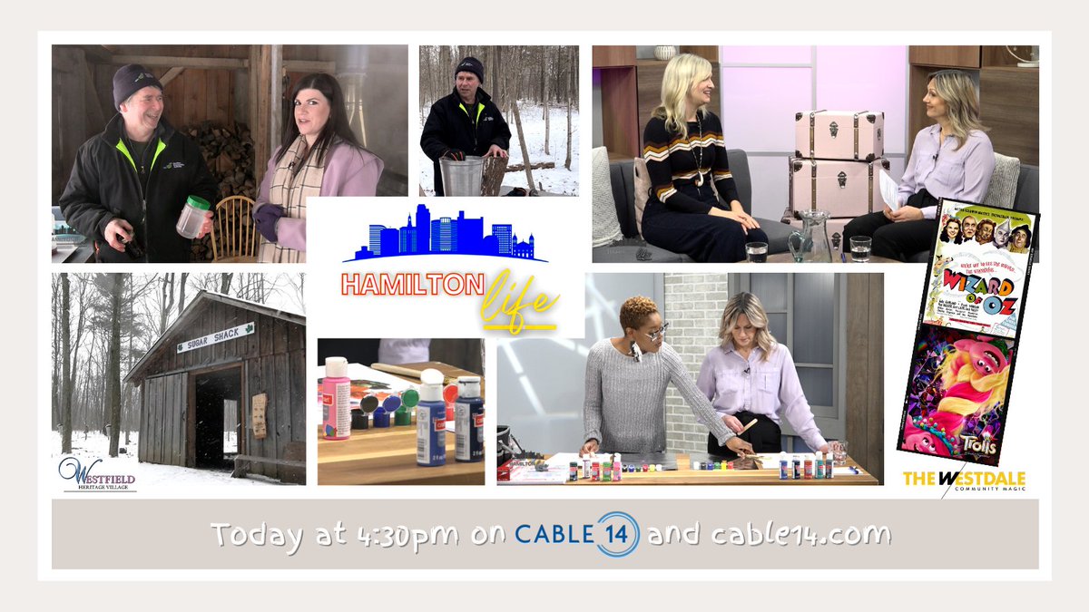 cable14's tweet photo. Tune into a new episode of #HamiltonLife today at 4:30pm!
@TheWestdale is here; artist Dawn Grant 🎨 shows us things to do with the kids over March break, &amp; we go on location to Westfield Heritage Village!  
#maplesyrup 🥞
Watch on Cable 14 🖥 &amp; https://t.co/CYbc8naWcw 💻 https://t.co/pqlHeeDex0