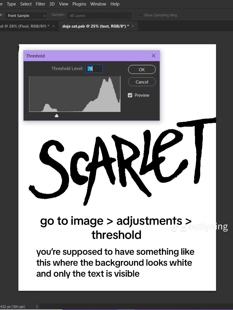 OUTLYNING's tweet photo. convert it into a smart object (not needed but always recommended)

apply threshold until it only your text is visible. you can also play around with “levels” before adding threshold to have more control over it 

color range to select the white background and then delete it https://t.co/G8O4rPOmvW