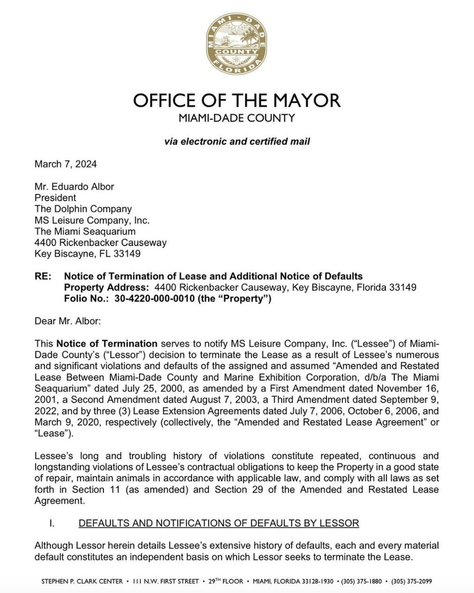 BREAKING: The office of Miami-Dade Mayor Daniella Levine Cava has sent a “Notice of Termination of Lease” letter to Eduardo Albor, of Miami Seaquarium’s parent company, The Dolphin Company. The property is to be surrendered by April 21, 2024. More at: bit.ly/3Tsms6I