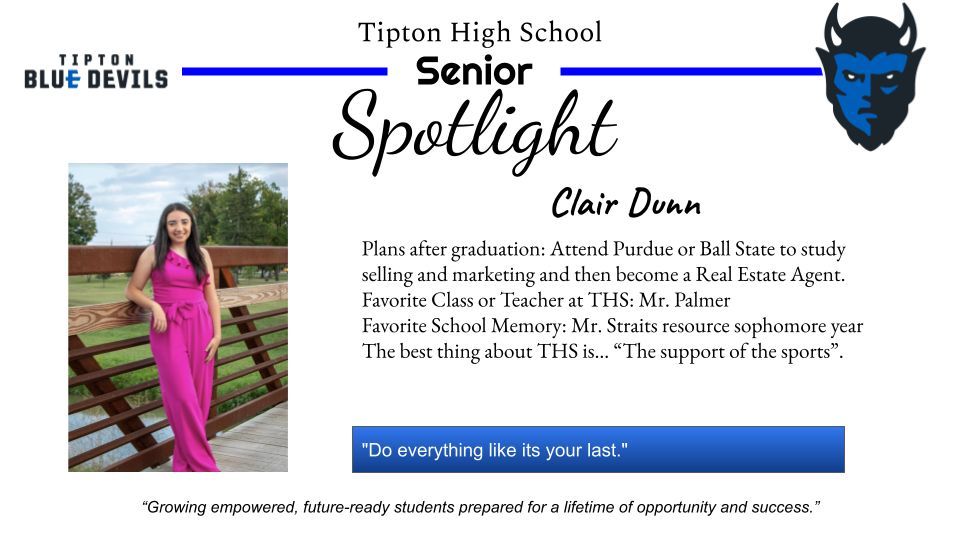 TiptonHS's tweet photo. Check out another edition of the THS "Senior Spotlight'!

Congratulations, Class of 2024!#Blue Future https://t.co/Qc4N5RX84C