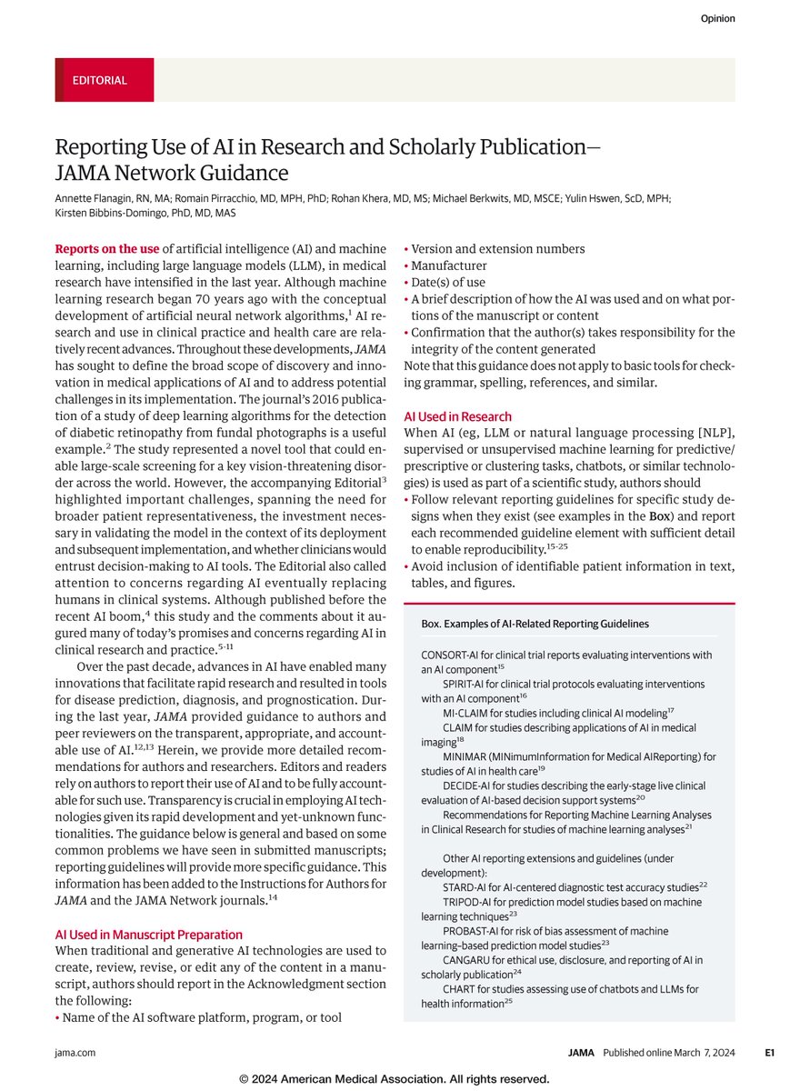 Reporting Use of AI in Research and Scholarly Publication—JAMA Network Guidance. Read this editorial from @KBibbinsDomingo, @pirracchior, @rohan_khera, et al. ja.ma/4a3uxEE