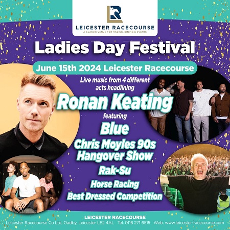 100 days to go until Ladies Day Festival 2024 on June 15th! 👗🏇🌟 With live Music Performances from: -Headlining act: Ronan Keating -Blue -Chris Moyles 90’s Hangover Show -Rak-Su Don't wait, get your tickets now: ow.ly/YUNY50QMKgh