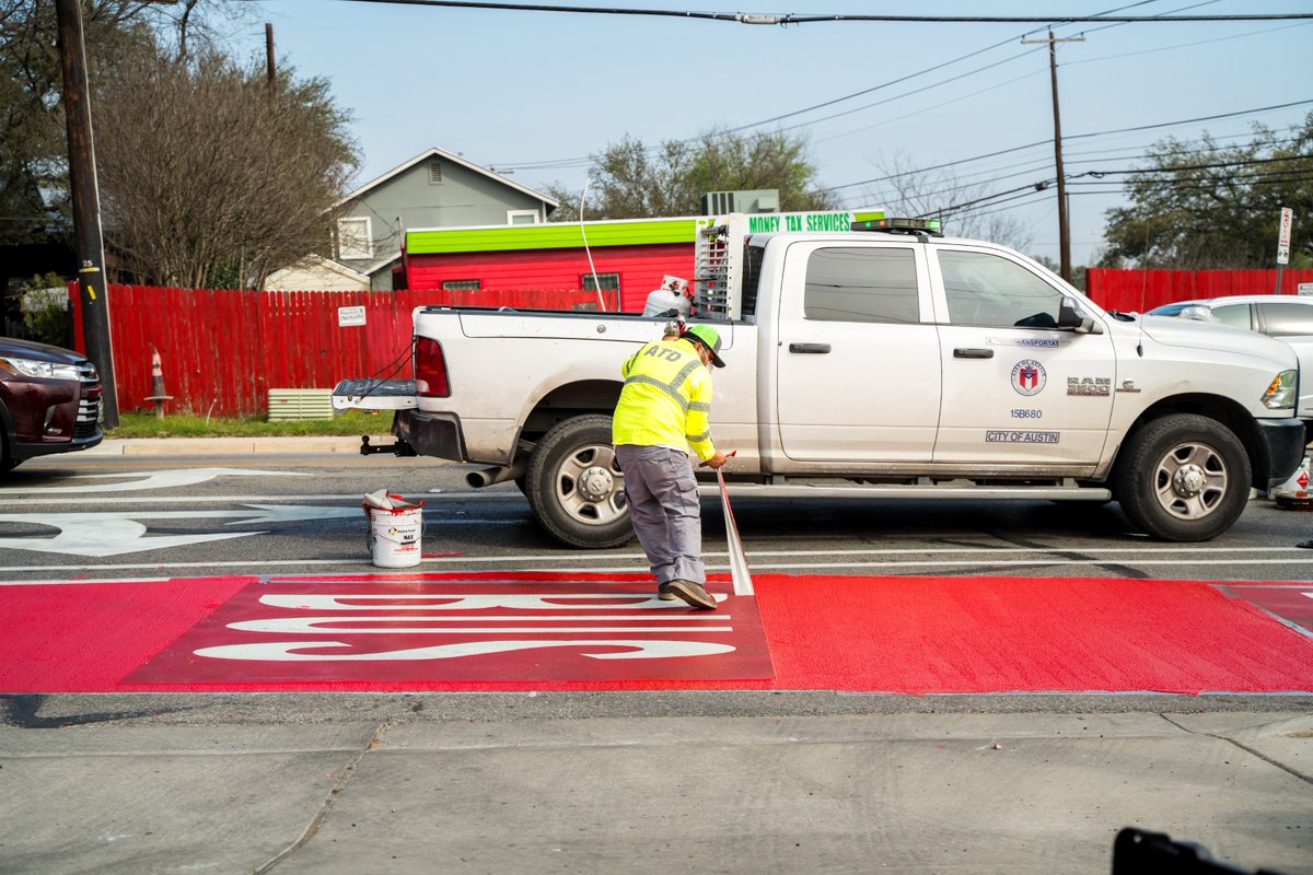 Fresh coat of paint for a fresh new bus &amp; bike lane along E 12th St. near Airport Blvd.! 🚴 🚌 🙌