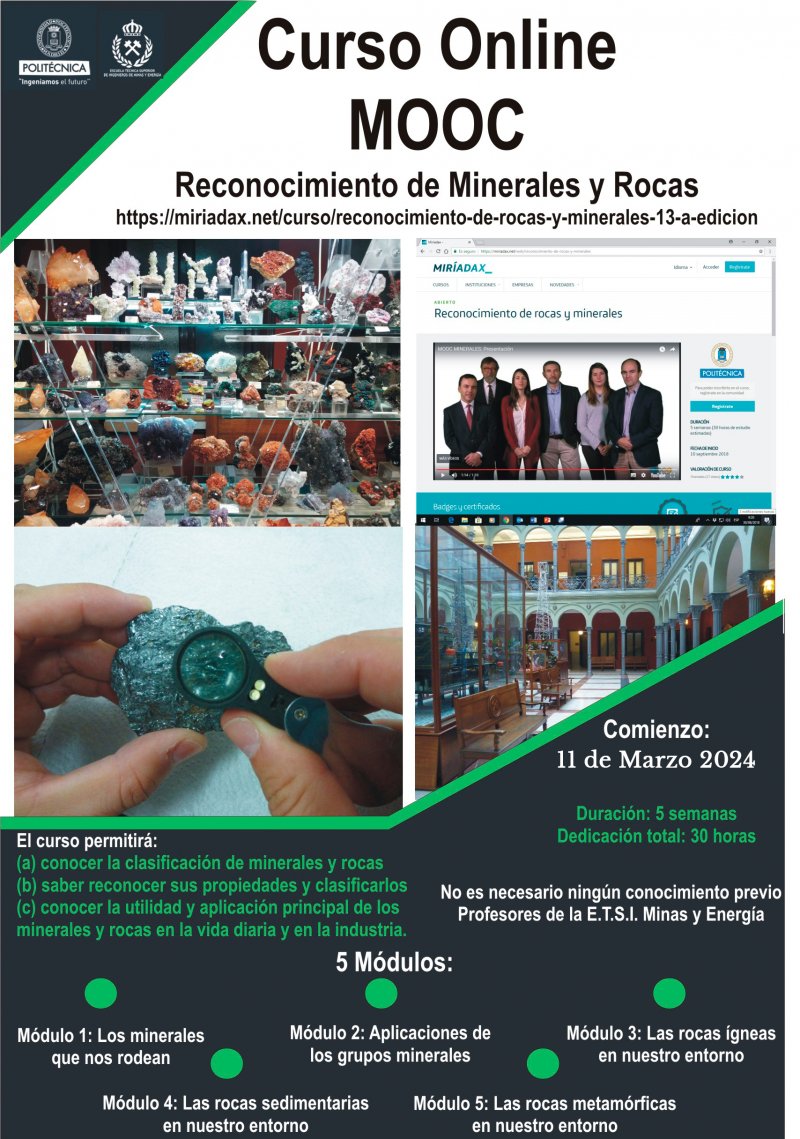 ''Únete a nuestro curso y descubre el fascinante mundo que yace bajo nuestros pies."
MOOC Reconocimiento de rocas y minerales (13.ª edición)
📅Comienzo 11 de marzo de 2024
ℹ️Toda la información aquí: short.upm.es/fc8s5
#CursosUPM
