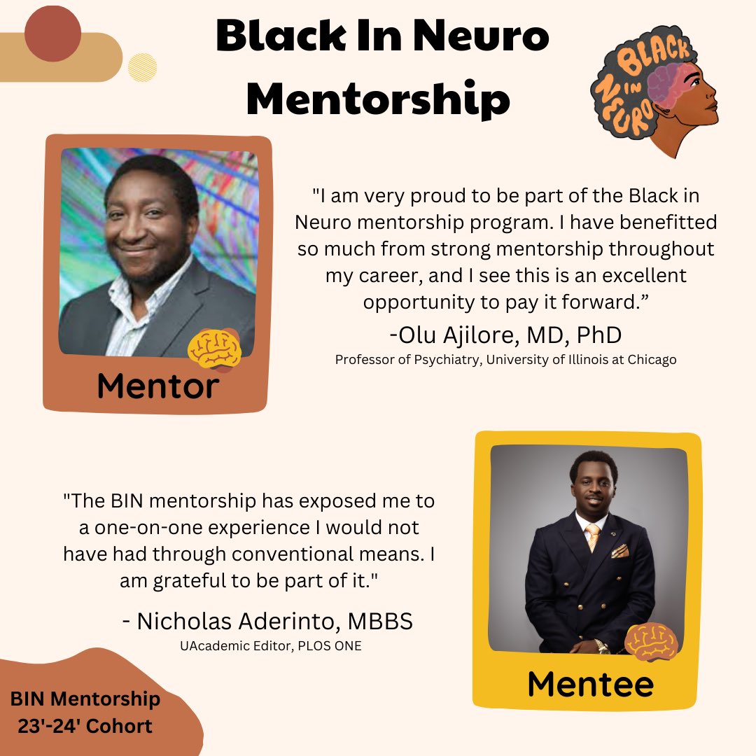 We are back with our second🌟BIN Mentorship Spotlight! #BlackInNeuro is we celebrating a BIN mentor and mentee pair every month. 🗓️ This month we hear from Dr. Ajilore and Nicholas about what this BIN Mentorship program has meant to them #MentorshipMatters #BINMentorshipSpotlight