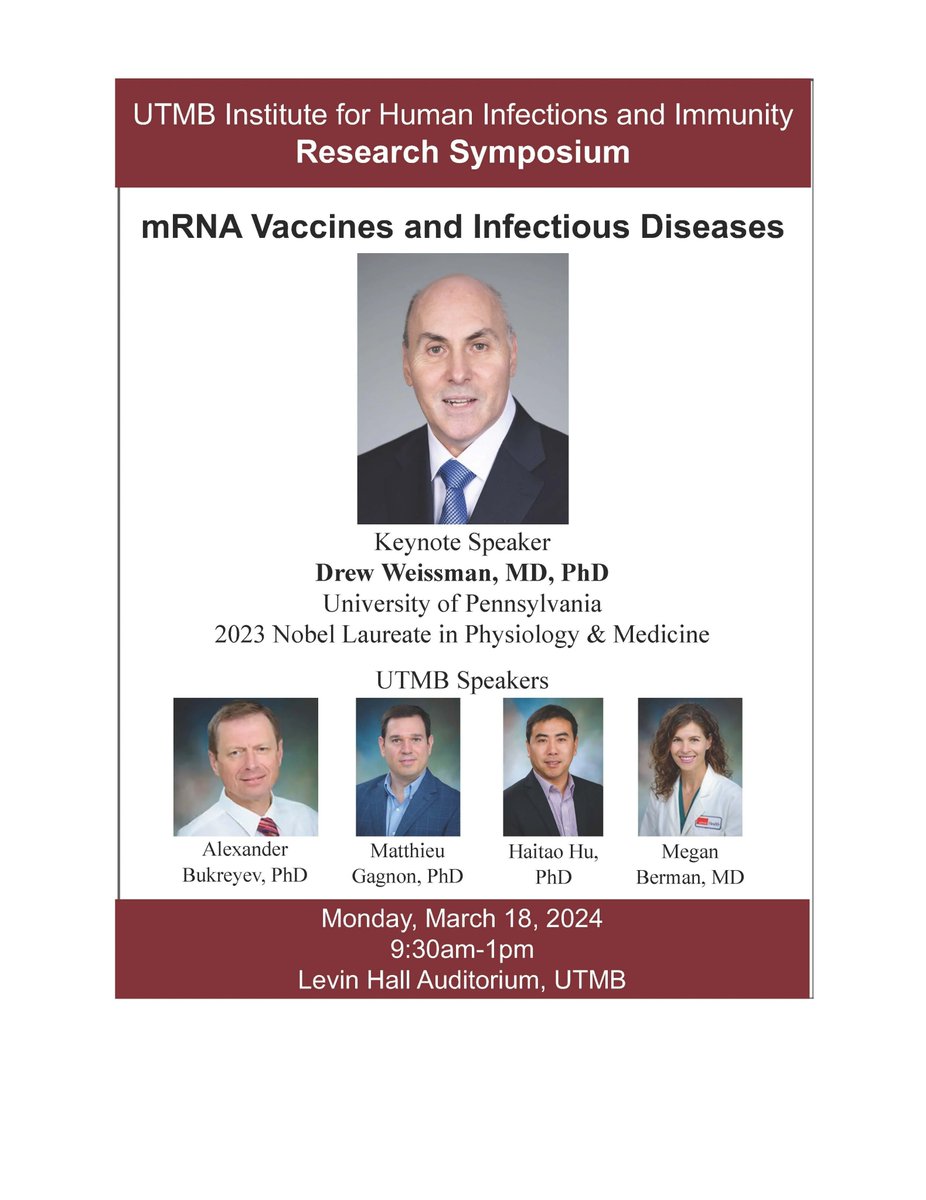 We are excited to welcome Nobel Laureate Dr. Drew Weissman, a pioneer and leading scientist in mRNA research, as keynote speaker at our @ihii_utmb Research Symposium on mRNA and Infectious Diseases. Learn more about the symposium, to be held March 18: utmb.edu/ihii/
