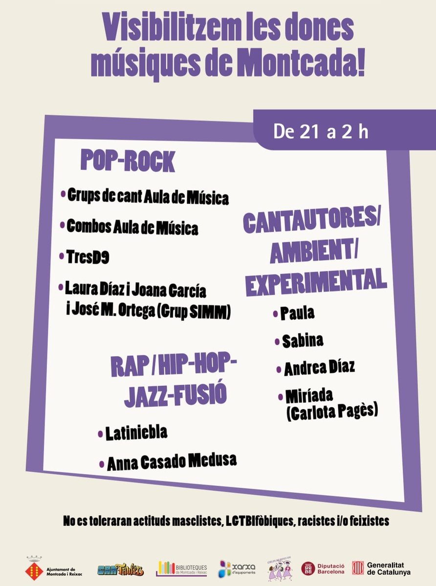 #8mMiR Programàs de Concerts 8M x demà 8 de març, després del Pilar de Dones de Castellers de MiR (19:30h Pl Església) i del Correfoc de les dones de Diables de CSJ (20h Pl Església-Pavelló Poblet). 
Visibilitzem les dones músiques de Montcada! 
(21h a 2h - Davant Pavelló Poblet)