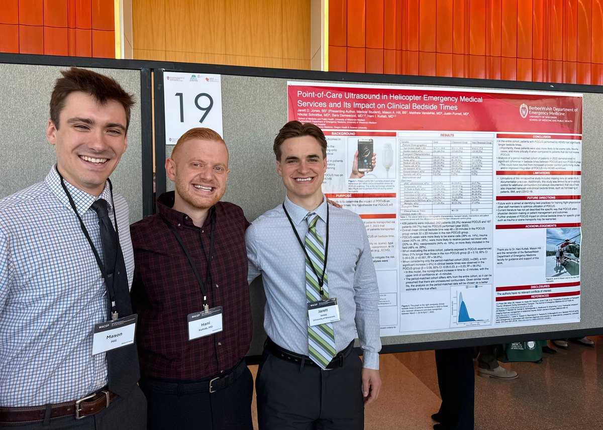 So proud of these two Shapiro medical students, Mason Hill and Jarett Jones, who presented their research on POCUS on UW Med Flight at the Wisconsin ACEP conference. Nice work! @MadtownEM @UWEmerMed @uwsmph @MadtownSono @UWHealth @WisconsinACEP @UWMedFlight