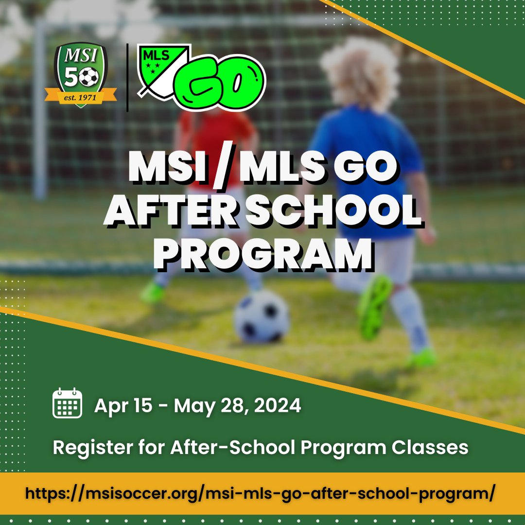 MSI offers a special chance for young athletes to experience the thrill of professional soccer! ⚽️🏅Our program blends excellent instruction, exhilarating game experiences, and special benefits, all with @MLSGO and MSI branding. ⭐️Register here: msisoccer.org/msi-mls-go-aft…