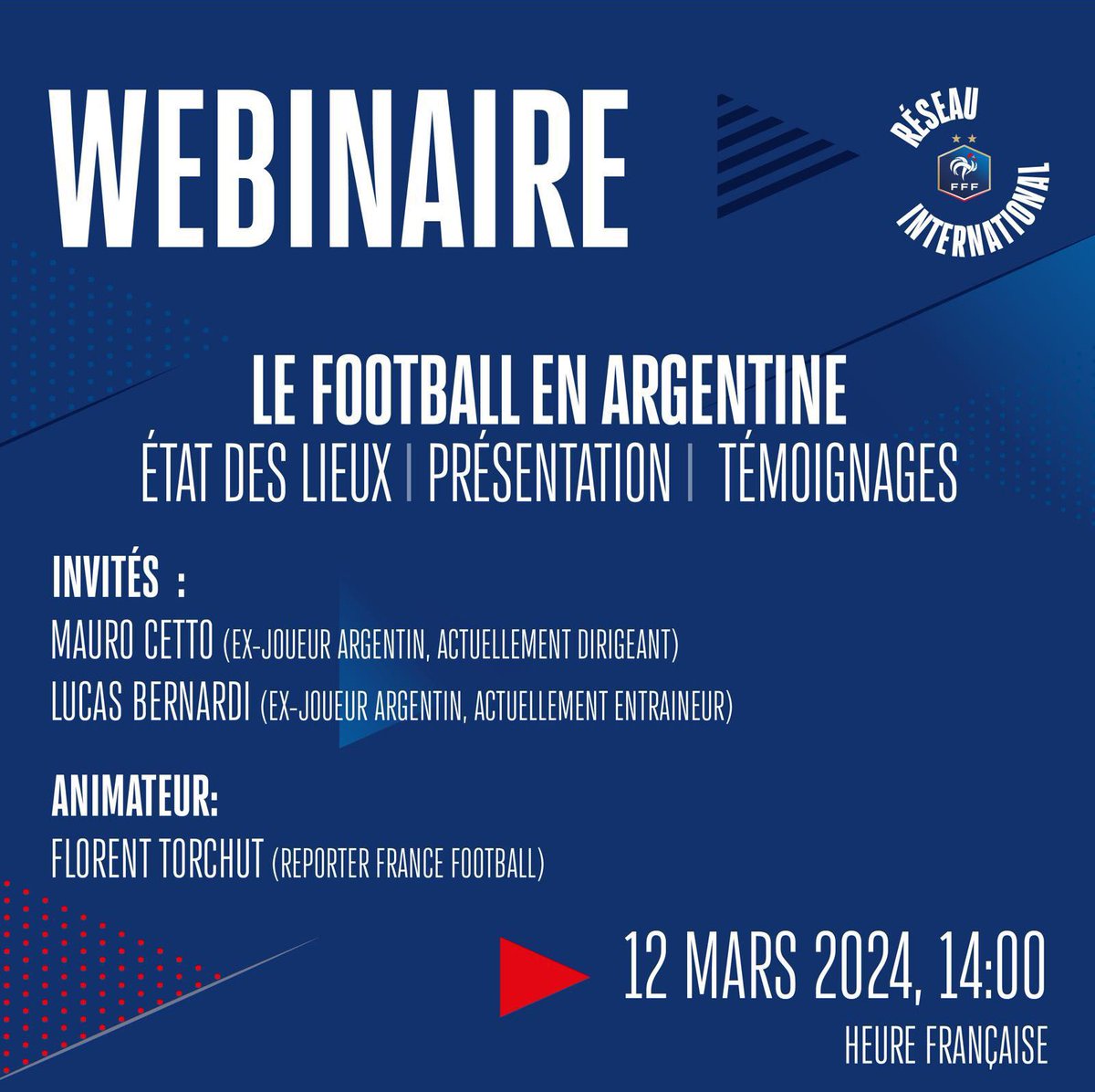Venez découvrir le foot argentin, son championnat, sa formation, avec deux grands ambassadeurs du foot argentin en France 🇫🇷🇦🇷: Mauro Cetto &amp; Lucas Bernardi !

RDV mardi 12 mars à 14h

Pour y participer, inscrivez-vous ici 👉 urlz.fr/pN1B
