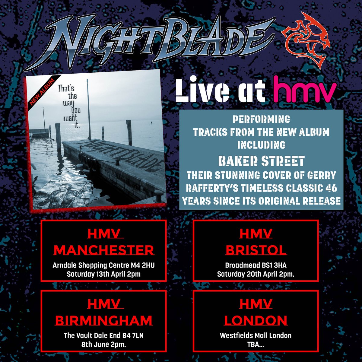 IT'S HAPPENING!! 💪🤘👊 Nightblade play live at these major HMV stores. Meet and greet the band. Get your CDs signed. Free entry.