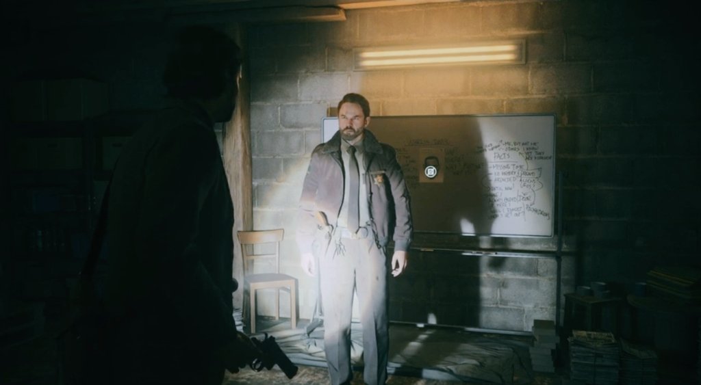 Jilalike's tweet photo. “I find interesting things, like those strange markings that react to light, but never the one thing I'm looking for.” #AlanWake #AlanWake2 #TimBreaker https://t.co/mc4ORzibCF
