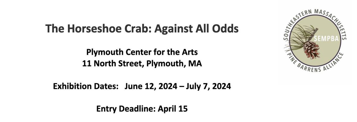 Southeastern Massachusetts Pine Barrens Alliance invites artists to participate in 'The Horseshoe Crab: Against All Odds'. Artists are encouraged to submit works that explore their beauty, ecological importance, and threats faced. Deadline: April 15, 2024 pinebarrensalliance.org/wp-content/upl…