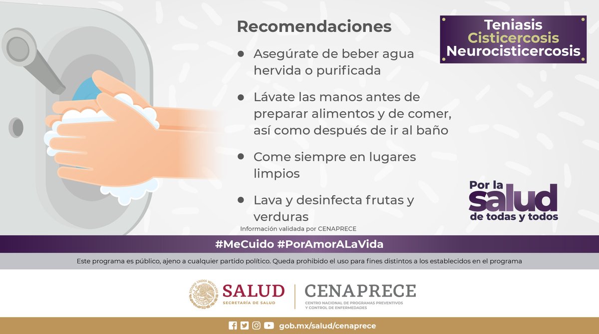 SSalud_mx's tweet photo. #Teniasis #Cisticercosis #Neurocisticercosis 🩺

Para evitar la propagación de #Teniasis , #Cisticercos y #Neurocisticercosis sigue las recomendaciones para cuidar tu salud y la de tu comunidad

Conoce más en ➡ https://t.co/90uYx0nNWD

#MeCuido #PorAmorALaVida https://t.co/AomxK3eAm7