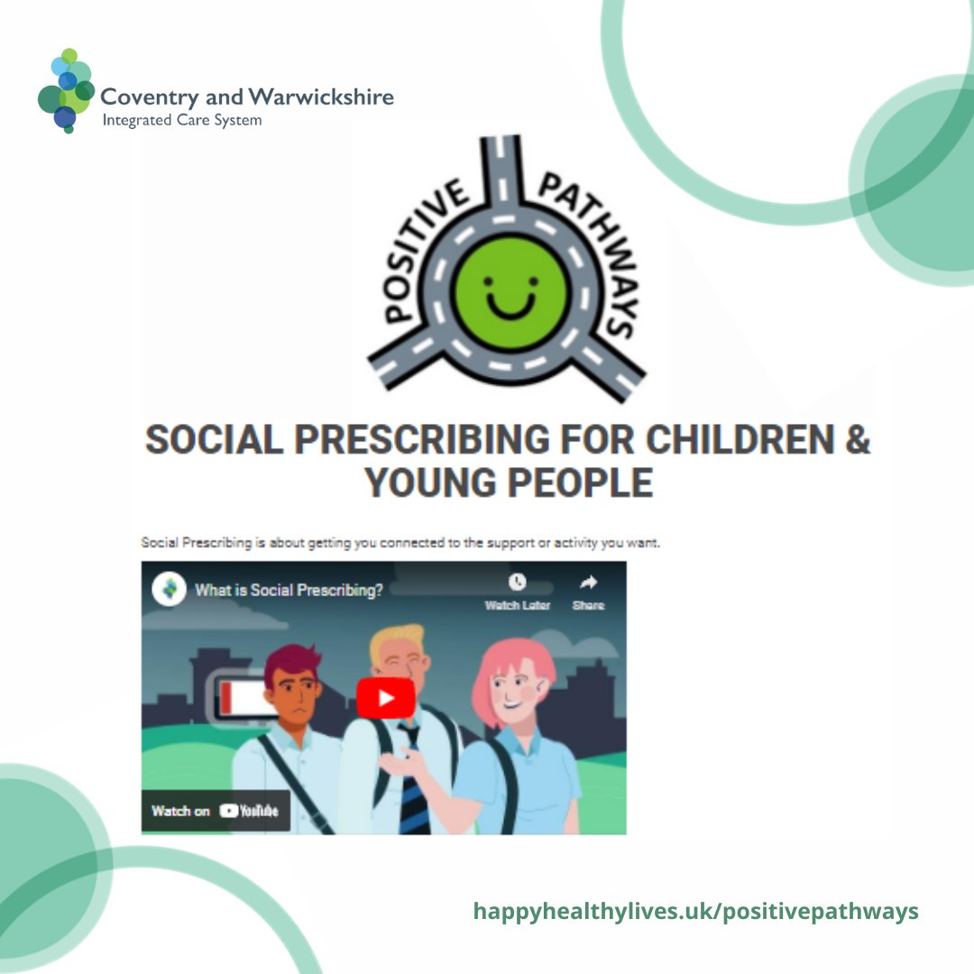 NHS_CWICB's tweet image. A new social prescribing tool has been launched to help connect young people in Coventry and Warwickshire with activities and support in their local community which suit their needs.

Find out more: happyhealthylives.uk/positivepathwa… 
#PositivePathways