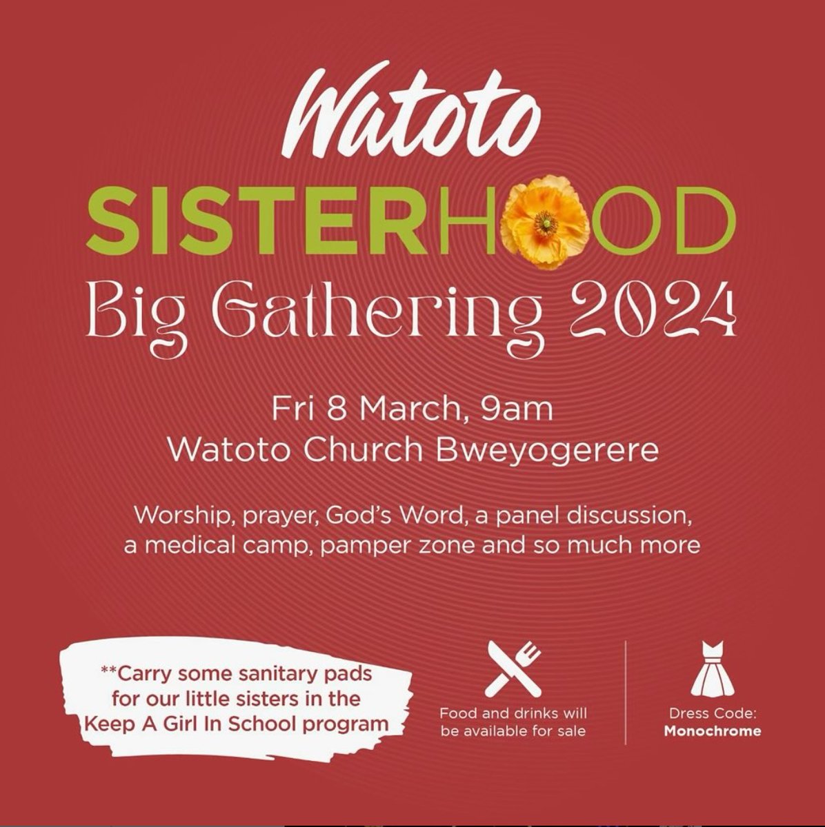 Happy Women’s Day! Ladies, let’s all catch up at the Big #WatotoSisterhood gathering today at Watoto Church Bweyogerere, Mbarara & Gulu! Remember to carry some sanitary pads for the little sisters in our Keep a Girl in School initiative. We start at 9am.