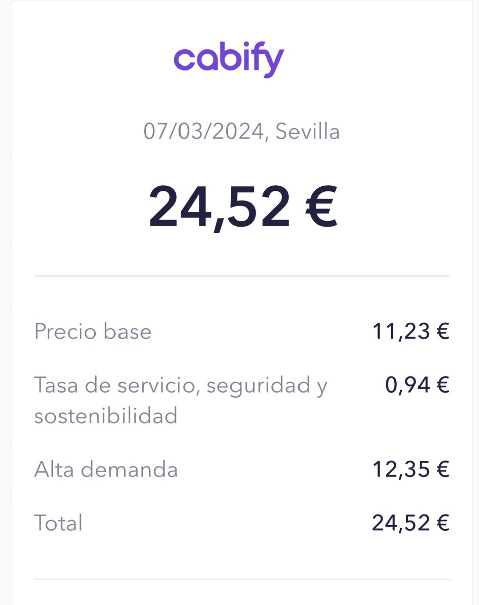 Auténtica tomadura de pelo de <a href="/cabify_espana/">Cabify España</a>: se acepta un servicio por valor de algo más de 11€ y cobran más del doble por “alta demanda”. ¿No conocen que hay alta demanda cuando se pide un servicio inmediato y se ofrece presupuesto?
#UnaYNoMás #VTC #Facua #OCU #consumidores