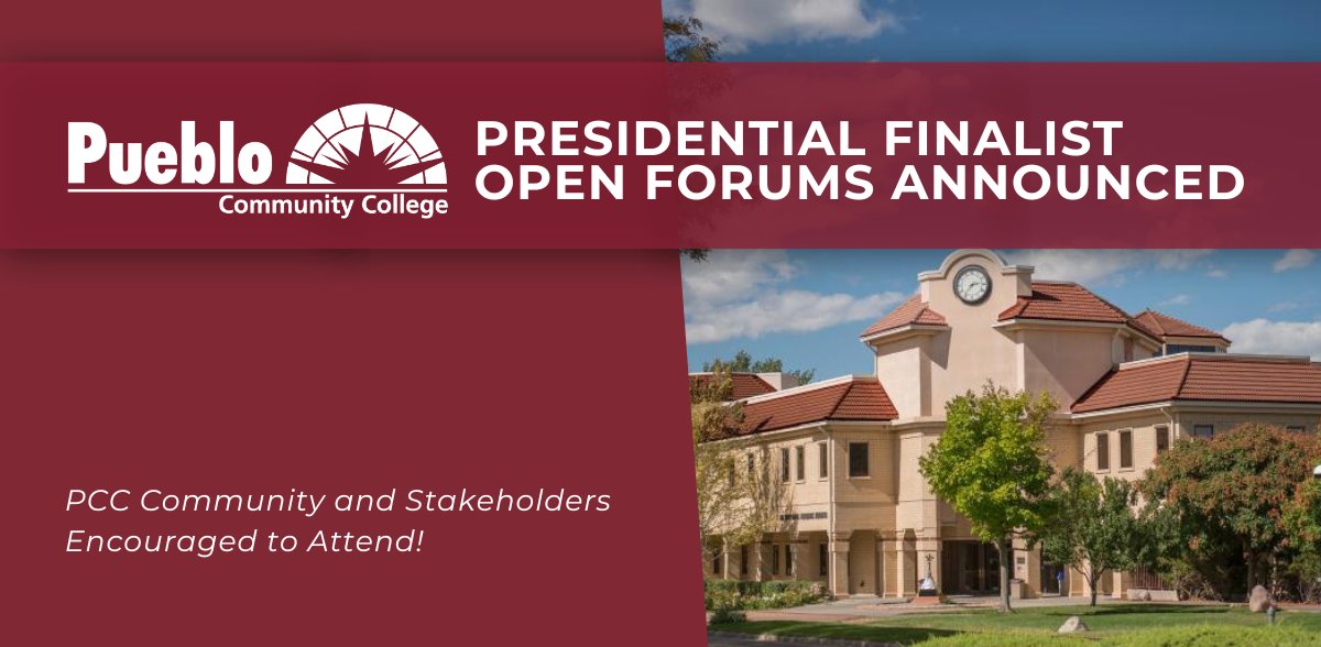 We are pleased to announce three forthcoming open forums featuring finalists for the presidency of @PCCPueblo. These forums offer an opportunity for the finalists to engage with the PCC community and share their experiences and interest in the position. Read about the upcoming