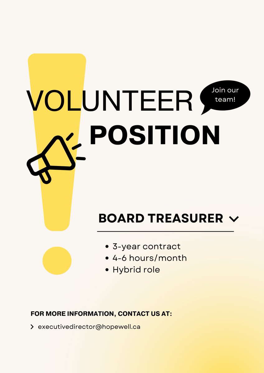 Hopewell is seeking a committed Board Treasurer to help guide our financial situation. If you have a background in accounting or finance and a passion for our cause, we want to hear from you! 📣

To apply, send your CV to executivedirector@hopewell.ca.