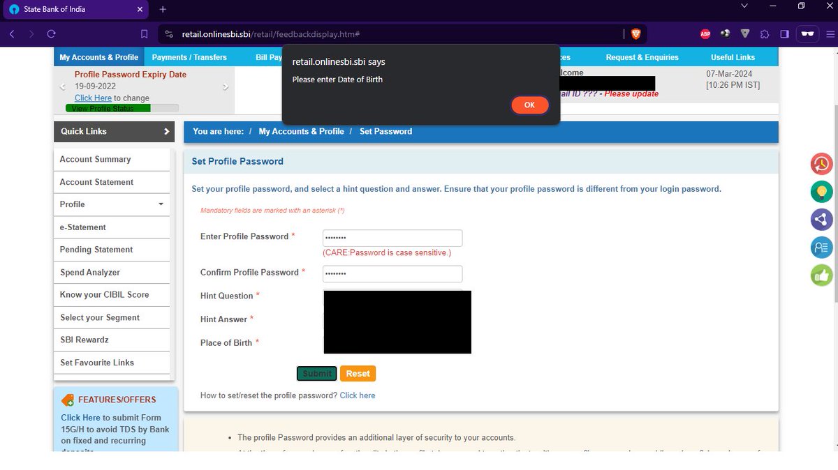 ShinobiLuffy's tweet image. Hi @TheOfficialSBI  @SBICard_Connect 
I am trying to change my Profile Password but it is asking me to enter Date of birth for which there is form data entry. Fix this bug

#SBIBank #SBIHelp #SBI_Bank