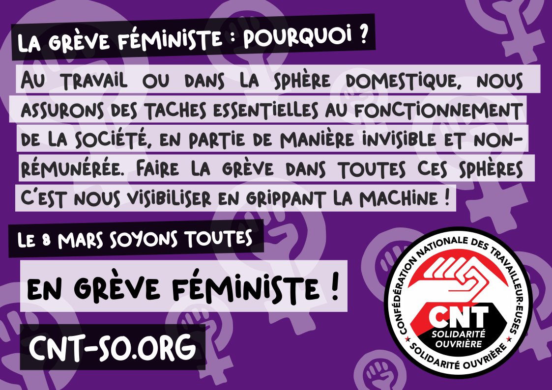 Demain #8mars2024 journée internationale de lutte pour les droits des femmes : soyons toutes (et tous) en grève féministe 🟣♀️⚫️✊ Appel de @cntso_fr 👉 cnt-so.org/8-mars-journee…