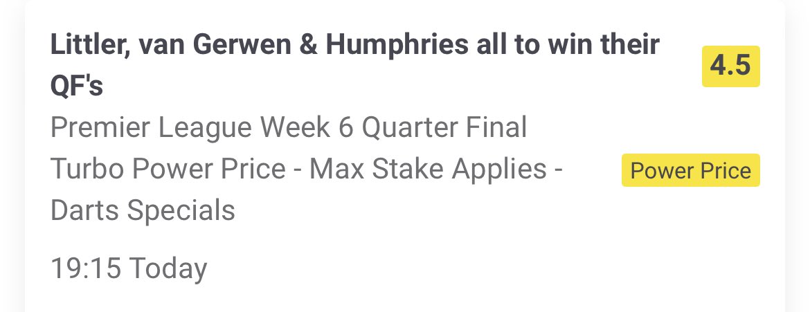 TiptonTipster's tweet image. ⭐️⭐️⭐️ 🎯 Treble boosted on PP, great value. #PremierLeagueDarts #DartsTips