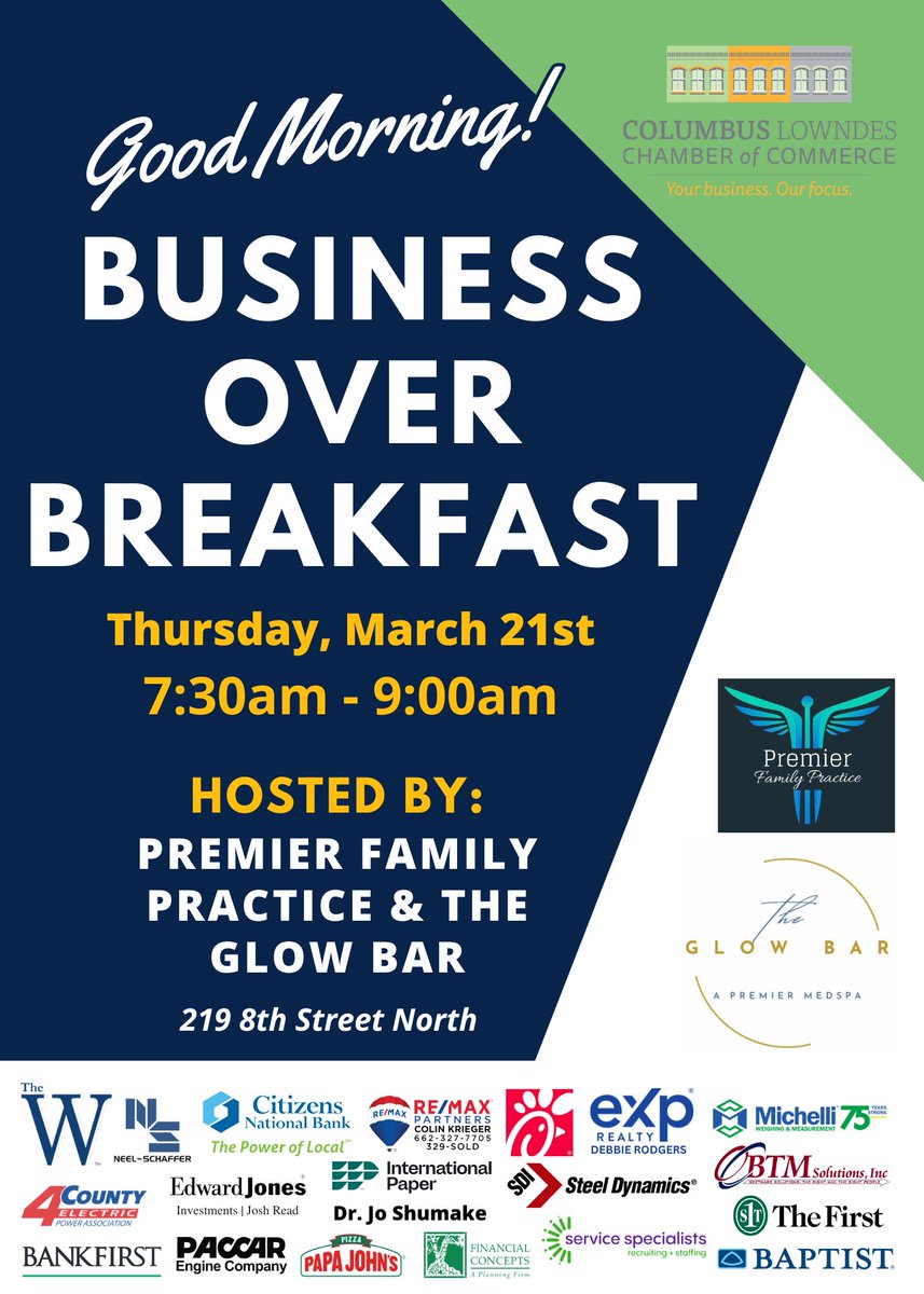 Join us for Business Over Breakfast hosted by Premier Family Practice and The Glow Bar MedSpa. If you would like to give a two-minute briefing on an element of your business, please fill out this Google Form:
forms.gle/XtnqyAkajE2RHM…