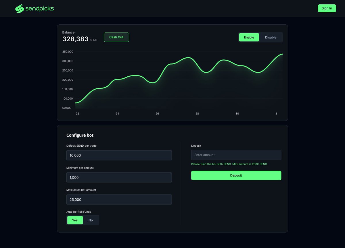 Sendpicks_io's tweet photo. Sports Betting Made Simple: Win Big with AI ๐ค
Our AI auto betting bot analyzes the odds so you can place bets like a pro. ๐ค
Fund your account with $SEND and let the bot do the hard work for you.
Stay tuned for beta access soon opening up! https://t.co/SSlG1iNGOC