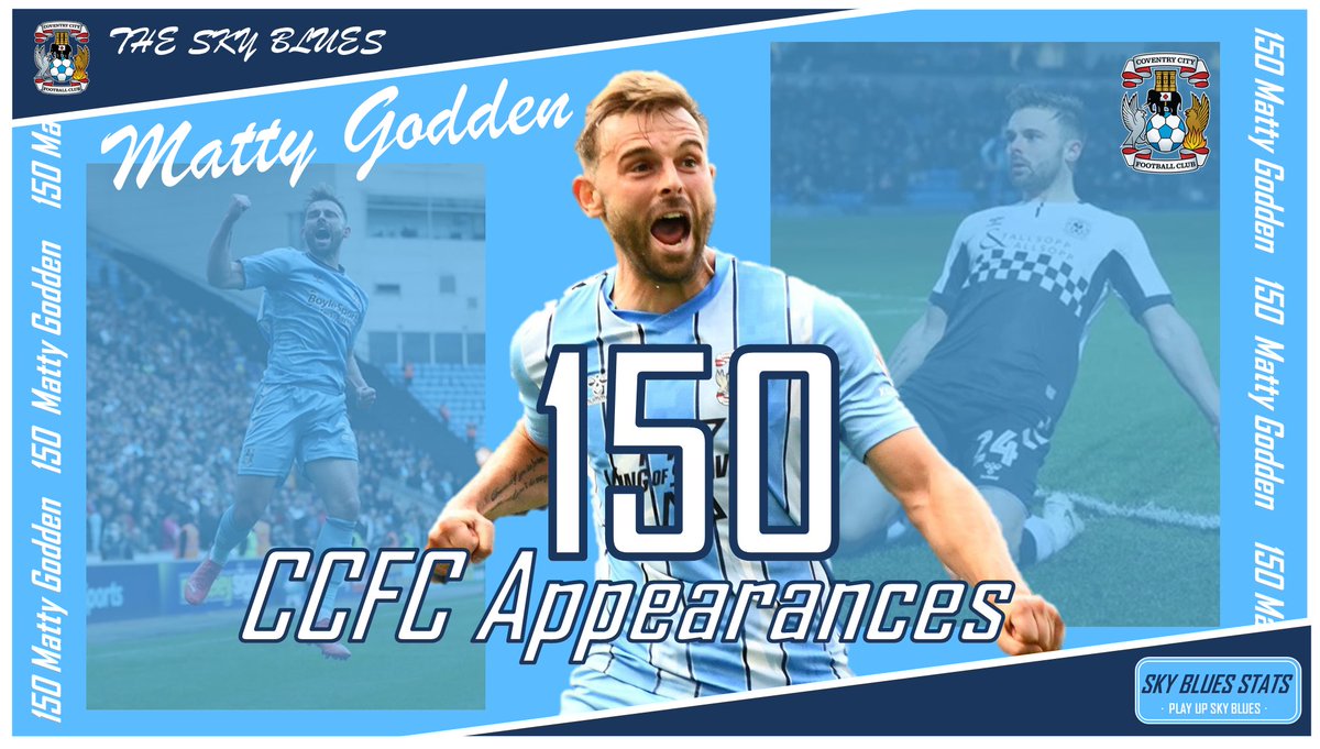 👕 Super Matty Godden

Matty Godden made his 150th Appearance for Coventry City when coming on as a 59th minute substitute v Rotherham United

🔹 107 Championship Apps
🔹 26 L1 Apps
🔹 17 Play off/Cup Apps
🔹 50 CCFC Goals
🔹 14 L1 Goals
🔹 32 Champ Goals
🔹 4  Cup Goals

🐘#PUSB