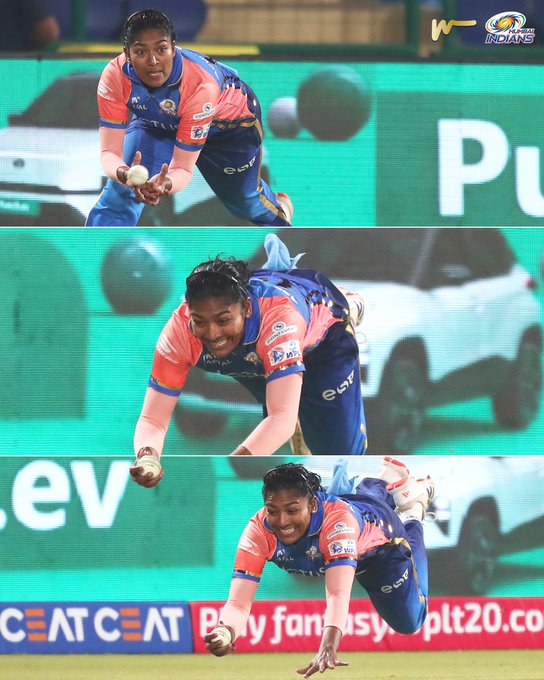  No dropped catches x 3 for Sajana 🫡🧤 📹 Credits: Twitter/mipaltan