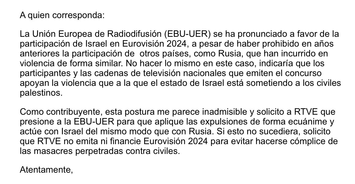 Eurocancioness's tweet photo. ⚠️EUROFANS ESPAÑOLES ATENCIÓN ⚠️
Dejo una plantilla que podéis copiar para enviar a @rtve para quejarnos de la participación de Israel. Tenéis la info en la foto para enviarla al correo de @rtve. ¡HACED DIFUSIÓN PARA ENVIAR TODOS LOS QUE PODÁIS! https://t.co/oaJ6iRfwiX