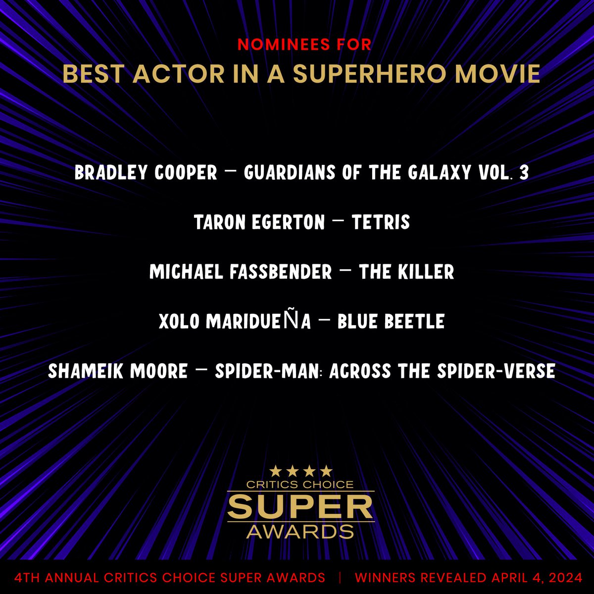 Congratulations to our Critics Choice Super Awards 'BEST ACTOR IN A SUPERHERO MOVIE' nominees! Winners will be announced April 4th, 2024.⭐️⭐️⭐️⭐️ #CriticsChoice #CCSuperAwards