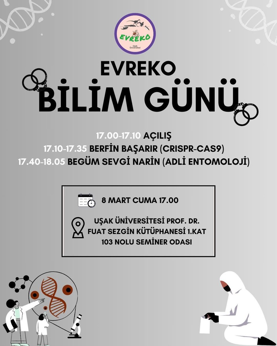 Evreko_'s tweet photo. Genetik çağının makası CRISPR-cas9 nedir? Biyologlar cinayetleri aydınlatırken hangi böcek ve larvaları kullanırlar?

Gibi konuları konuşacağımız EVREKO Bilim Günü'ne hepiniz davetlisiniz! 🧬🦠🔬
#evreko #biology #science #forensicentomology #forensicscience #crisprcas9 https://t.co/BYry8wH4Ql