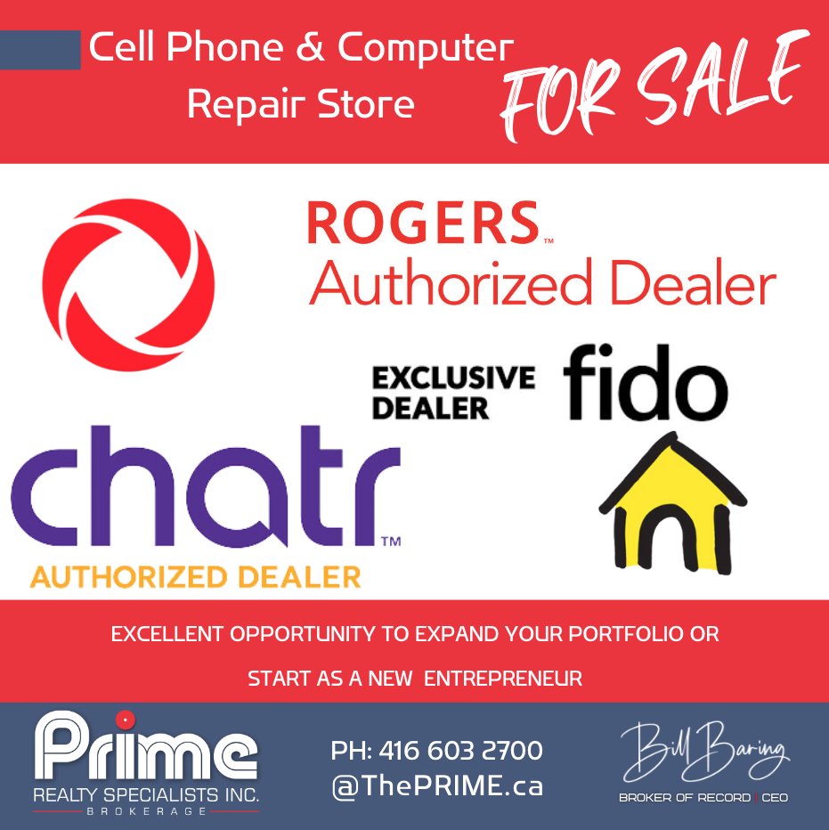 BillBaring's tweet photo. 🌟 For Sale: Amazing Opportunity for Your Business! 📱💻

Authorized Dealers of ROGERS, CHATR and FIDO

Prime Realty Specialists
Bill Baring
PH: (416) 603-2700

#BusinessForSale #Entrepreneurship #CellPhone #ComputerRepair https://t.co/7okfhGd7PP