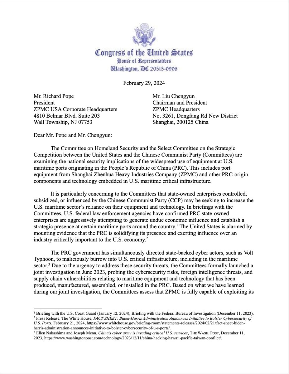House Homeland GOP on X: "The Chairmen sent a letter to ZPMC, a company closely tied to the Chinese Communist Party, demanding answers regarding numerous findings of the Committees' joint investigation into