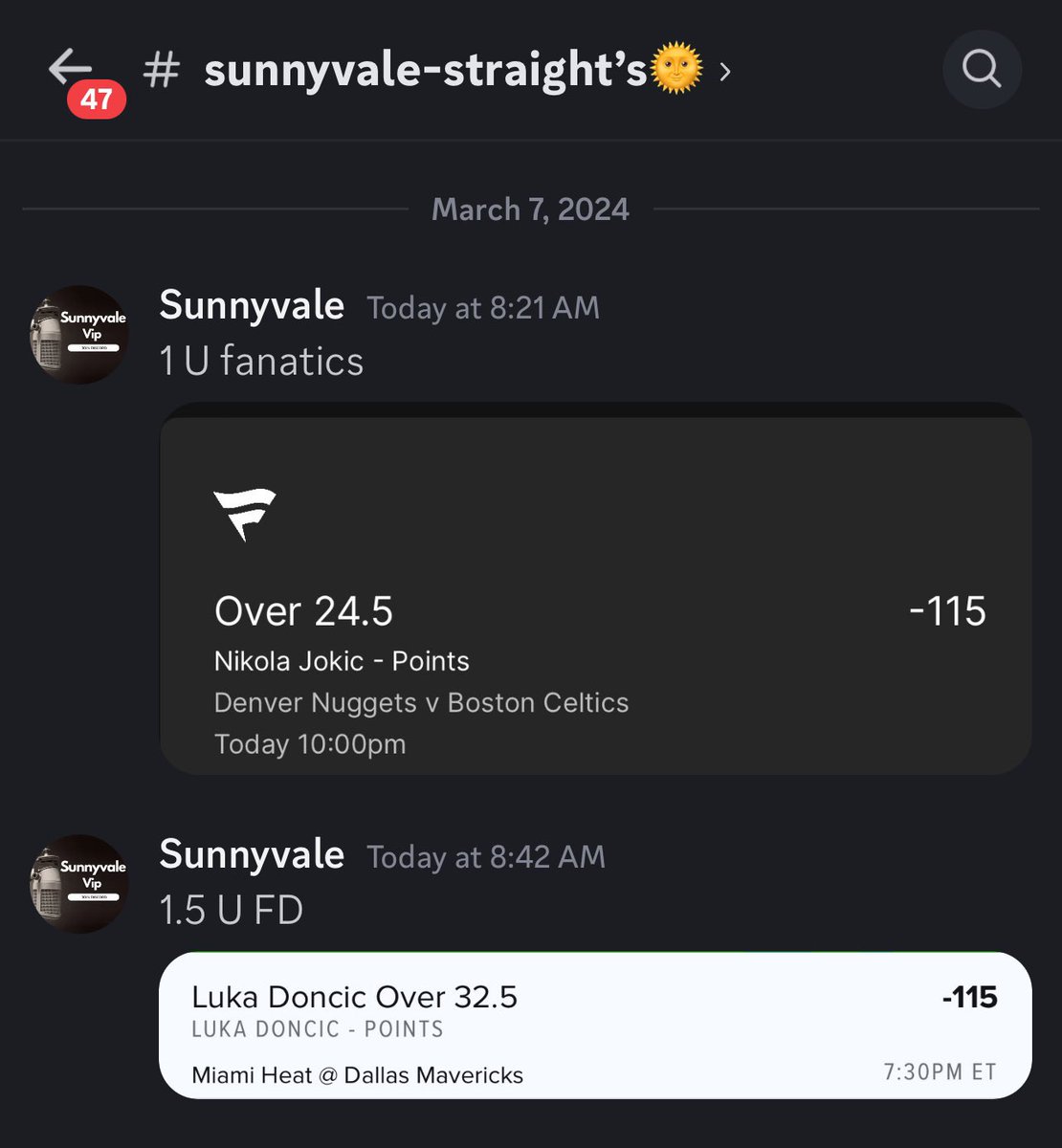 Sunnyvale___'s tweet photo. Straights for tonight.   

21-6 on plays over 1 U in 2024

Going with Luka for 1.5 U tonight. https://t.co/6t1UpHswq6