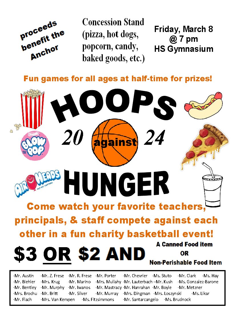 Tomorrow night (Friday, March 8) @ 7 PM is one of our favorite school community events! Hope to see many of you @ 'Hoops Against Hunger' to watch Schodack faculty & staff face off in basketball to benefit the Anchor Food Pantry! See who's playing & more @ tinyurl.com/29jysac8