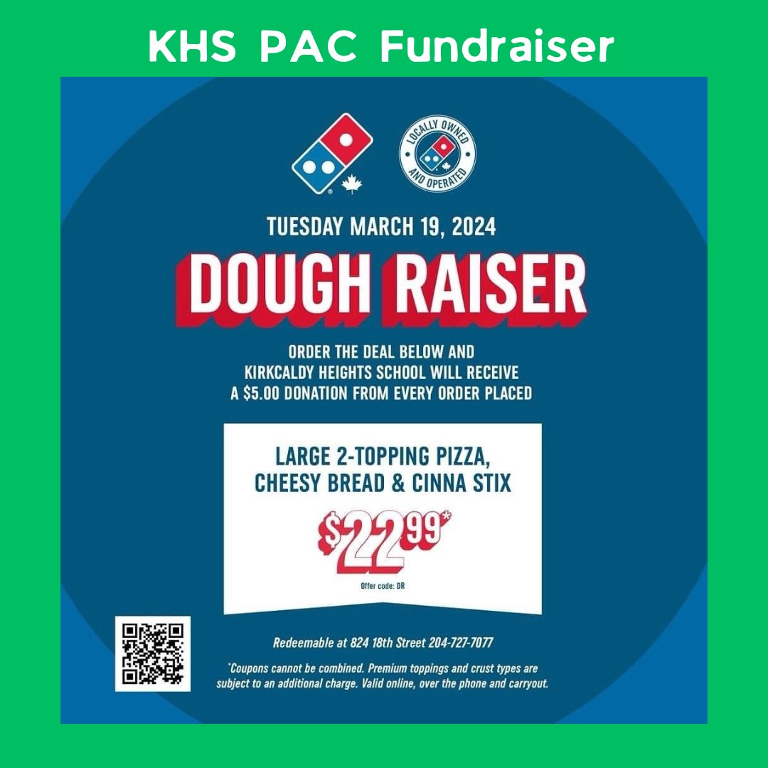 Kirkcaldy_BSD's tweet photo. Your KHS PAC is excited to partner with Domino’s to help with our playground fundraising efforts! 
On Tuesday, March 19, order this deal from Domino’s and FIVE DOLLARS from EVERY order will be donated to our fund (please see ad for order details). 
Help us “raise some dough!” https://t.co/P7QtfoiEY9
