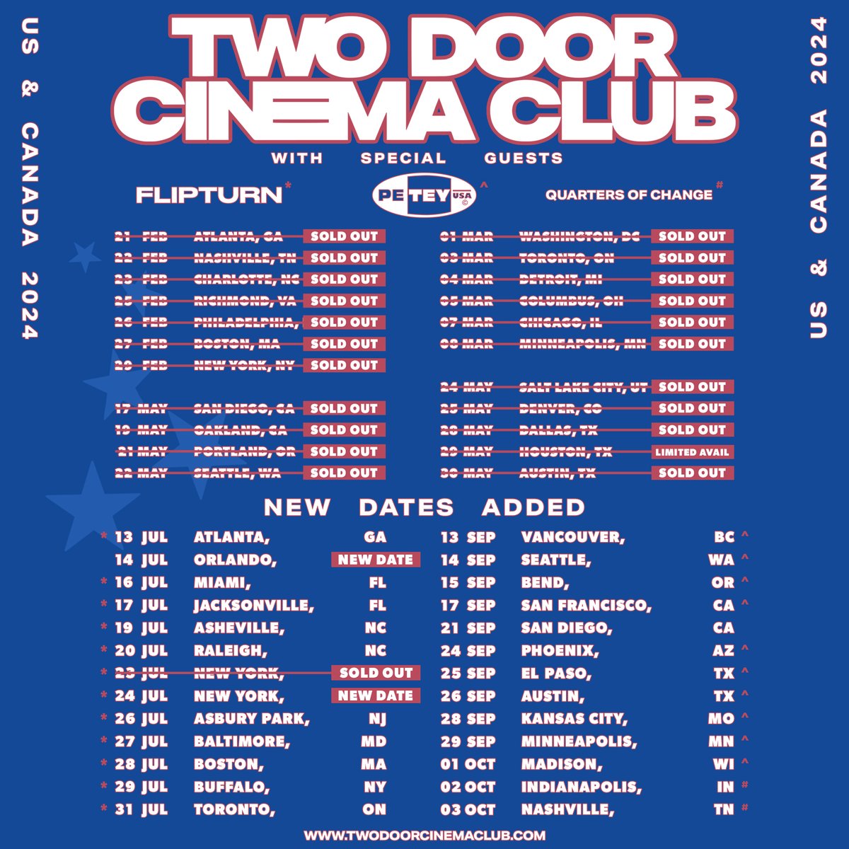 NYC our show 1st show at Pier 17 on 7/23 is SOLD OUT so we've added a 2nd night on 7/24. Orlando, we can't forget you, we've added another night to our tour - we'll be seeing you on 7/14. We can't wait! Tickets on general sale 3/8 at 10am local time. 💚 twodoorcinemaclub.com