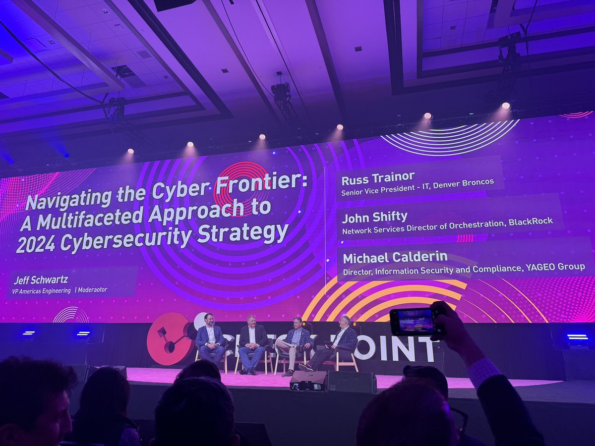 CheckPointSW's tweet photo. We are kicking off Day 2 keynotes with @RussTrainor, SVP of IT at @Broncos, John Shifty, Network Services Director of Orchestration at @BlackRock, and Michael Calderin, Director of Information Security &amp; Compliance at @YageoCorp 💡 #CPX2024 https://t.co/HyI2pOcgfs