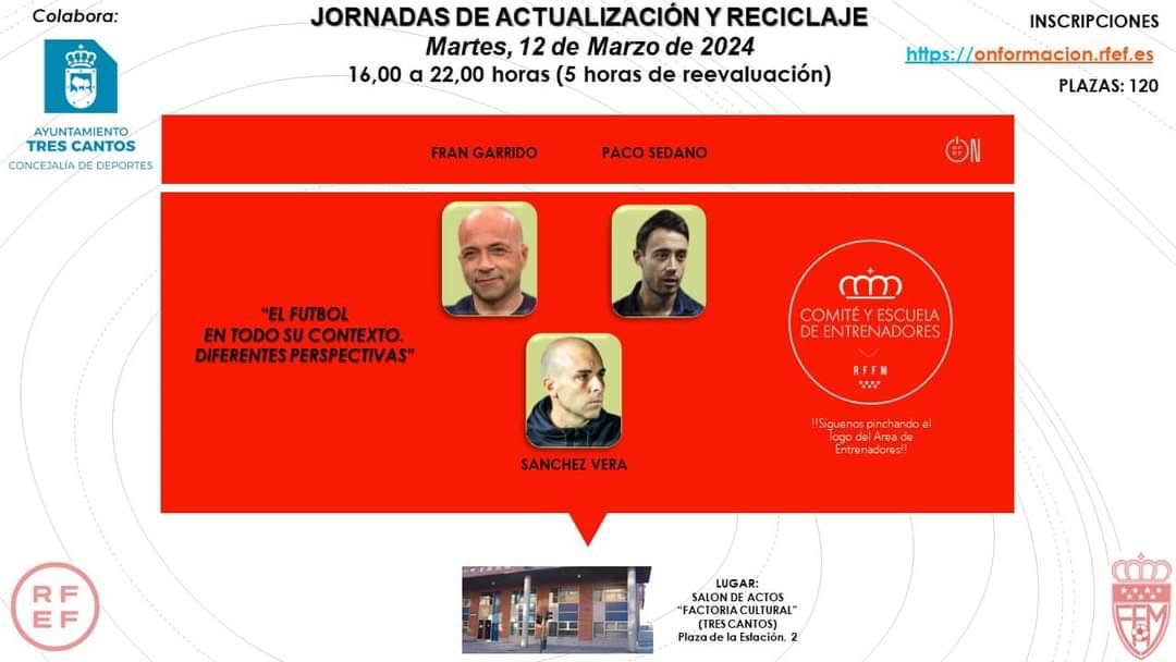 ♻️ Nueva Jornada de Actualización y Reciclaje en Tres Cantos el próximo 12 de marzo de 15:30 a 21:30 👨🏻‍🏫 Con los ponentes @frangarr26, @PacoSedano28 y @jlsanchezvera