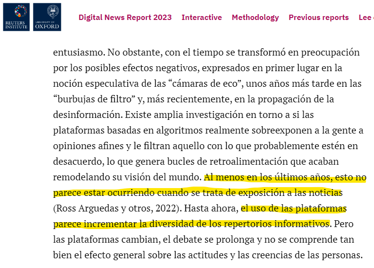 LadyAAmado's tweet photo. En este trabajo @richrdfletcher ratifica que no se ha encontrado evidencia de que en las noticias se observen fenómenos de "cámaras de eco" o "burbujas" (aquel famoso ensayo de Parisier no fue respaldado por evidencia empírica aunque se siga citando). 🙃
https://t.co/TcNn4rR0KA https://t.co/KJH66GXCnU
