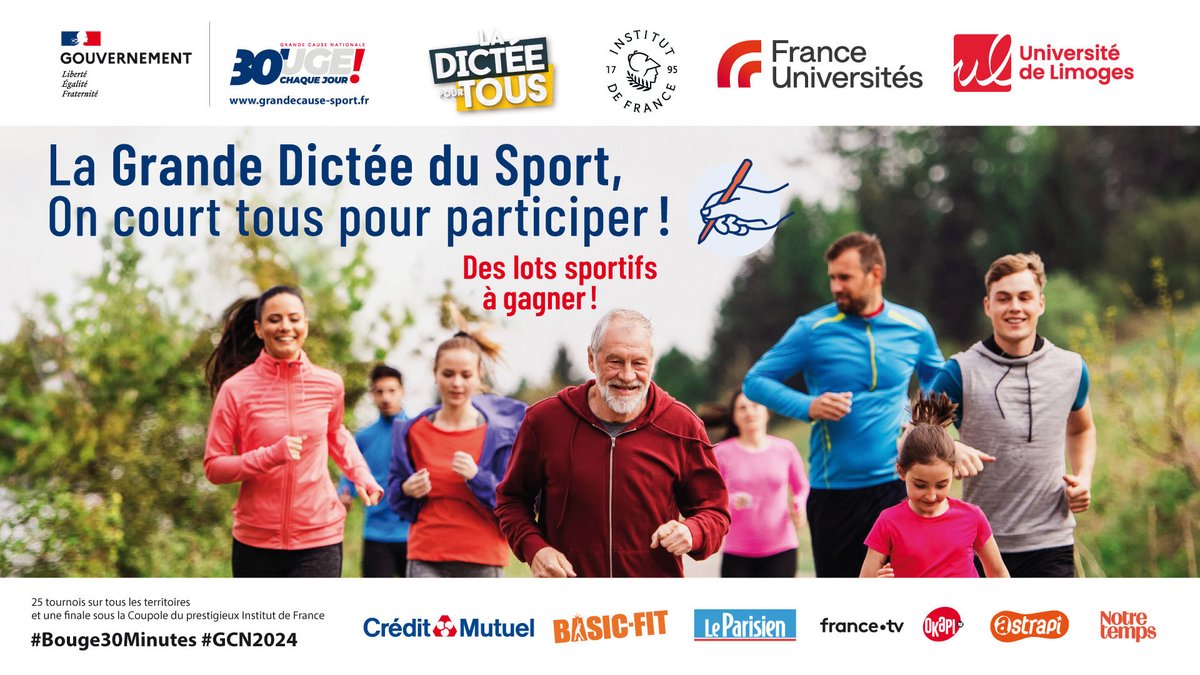 La matinée du 23 mars se déroulera la Grande dictée du sport à la @Unilim_FLSH ✍ : une aventure linguistique et sportive palpitante en partenariat avec la Grande Cause Nationale 2024. Inscription gratuite en ligne : unil.im/dicteesport #grandedicteesport