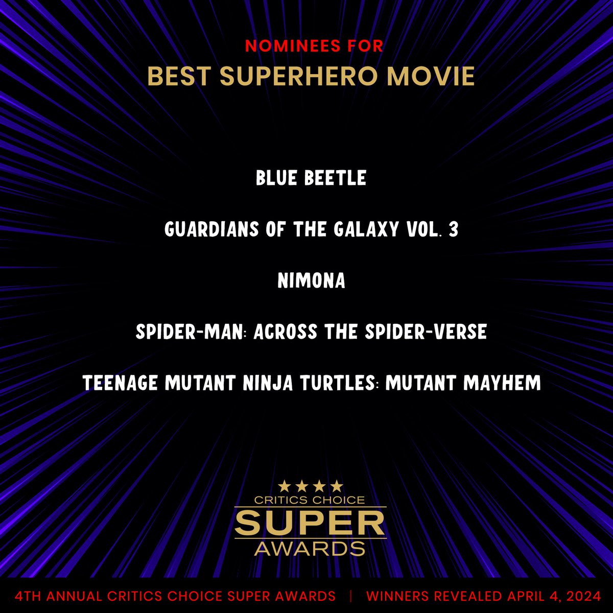 Congratulations to our Critics Choice Super Awards 'BEST SUPERHERO MOVIE' nominees! Winners will be announced April 4th, 2024.⭐️⭐️⭐️⭐️ #CriticsChoice #CCSuperAwards
