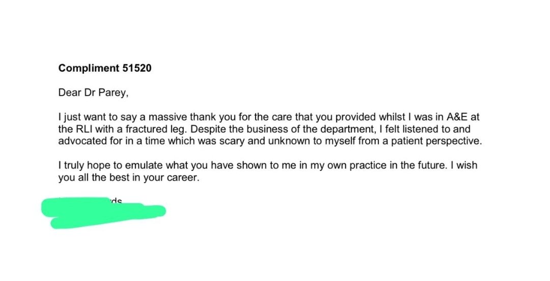 In Emergency department We, Unfortunately, not always manage to provide the care we should be providing. #EDCrowding It is good to still receive Compliments from our patients 🙏 Thank you @DrparrayMD for providing Great care @aaroncumminsNHS @PUhmbt @MrsSquidge21